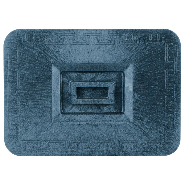 A rectangular blue plastic container with a square design on the lid.