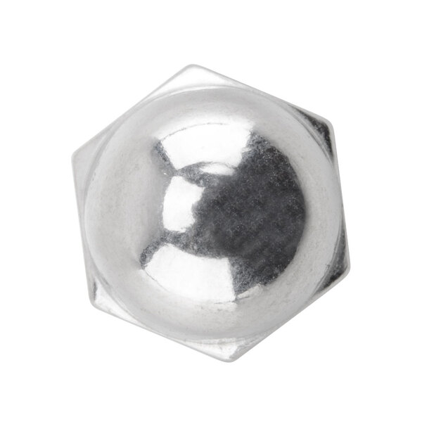 A close-up of a stainless steel acorn nut.