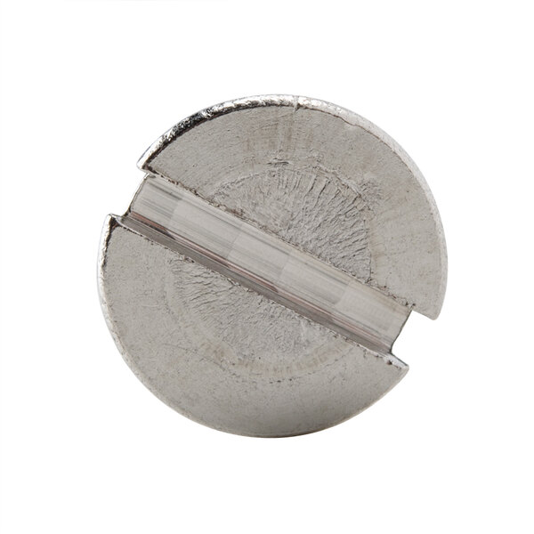 A close-up of a silver metal screw with a hole in it.