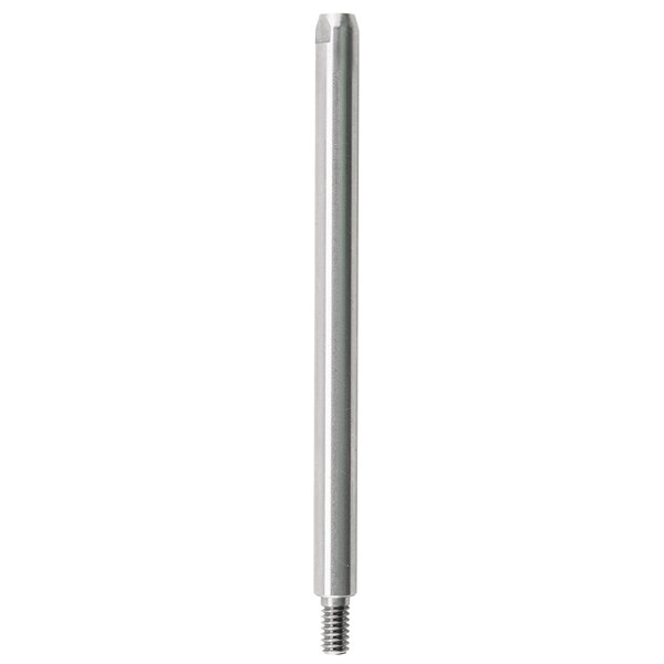 A silver metal rod with a screw on the end.