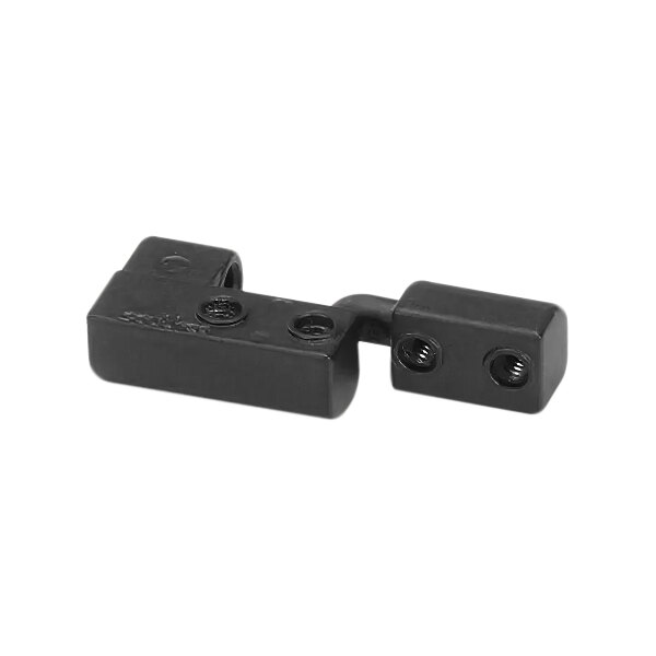 A black plastic Nemco left hand hinge with holes.