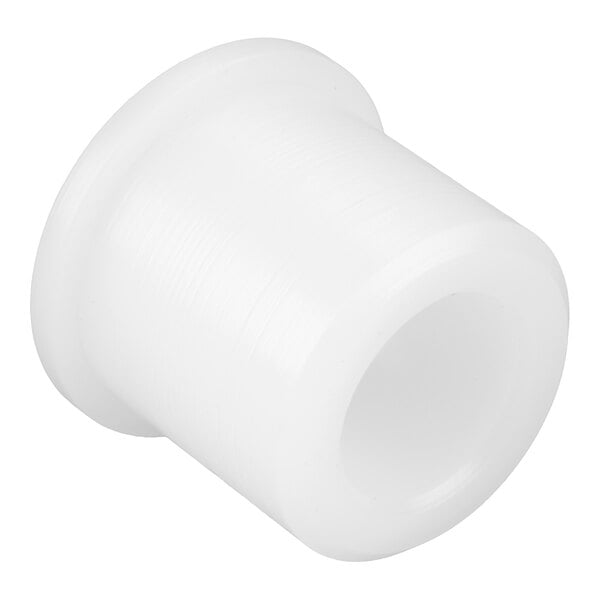 A white cylindrical plastic bushing with a flange on one end and a hollow center.