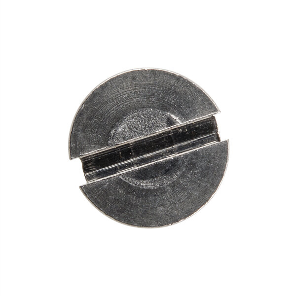 A close-up of a stainless steel flat head screw with a hole in it.