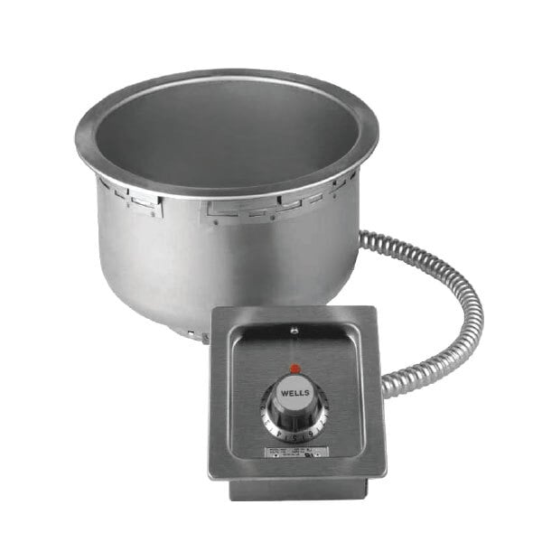 A Wells round silver drop-in soup well with a thermostatic control dial.