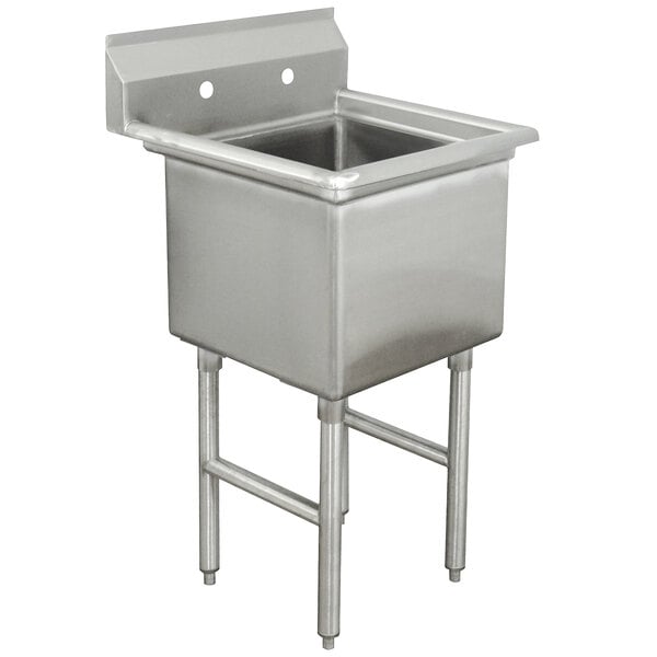 An Advance Tabco stainless steel commercial sink with a drain and legs.