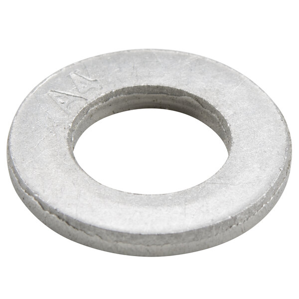 A close-up of a round stainless steel washer.