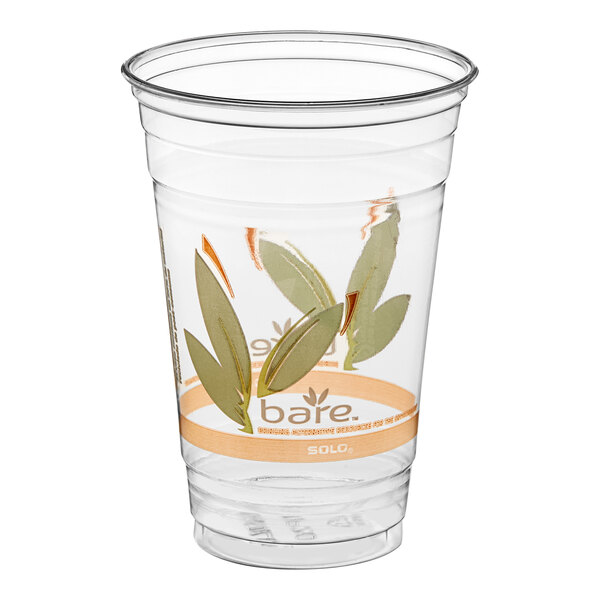 A clear 20 oz. plastic cold cup with green leaf designs and the 'bare' logo printed on it.