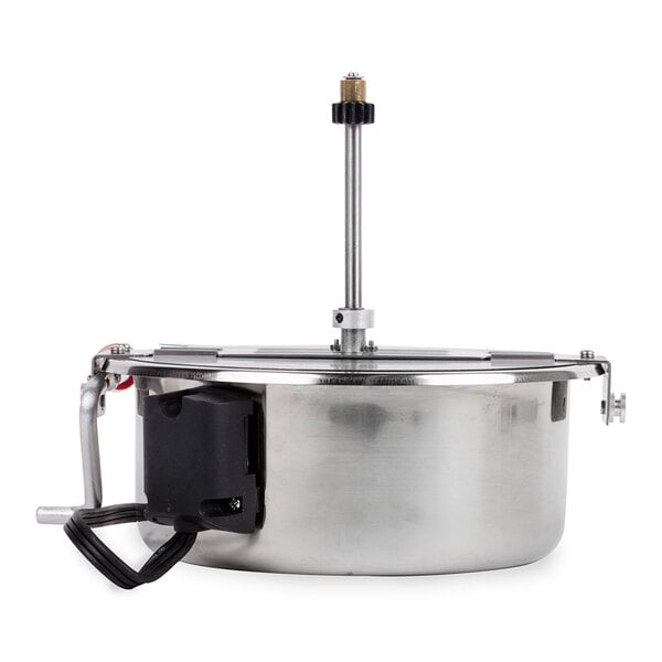 A silver metal kettle with a black handle and lid.