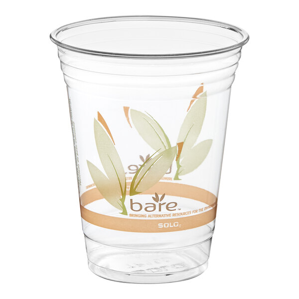 A clear 16 oz. plastic cold cup with a leaf design and eco-friendly branding.