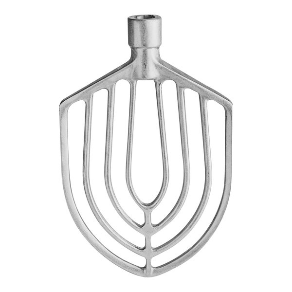 A silver Hobart aluminum flat beater with a white background.