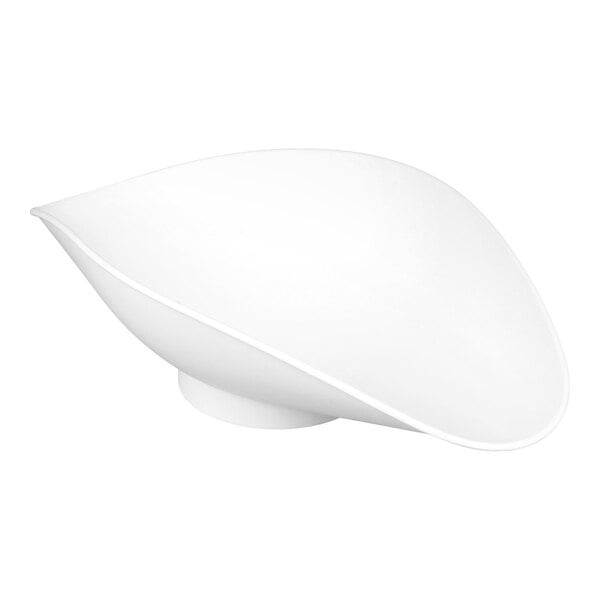 A white, asymmetrical, leaf-shaped plastic scoop with a smooth surface and a small round base.