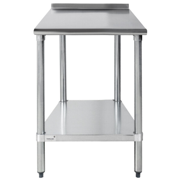 A stainless steel Advance Tabco work table with an undershelf.