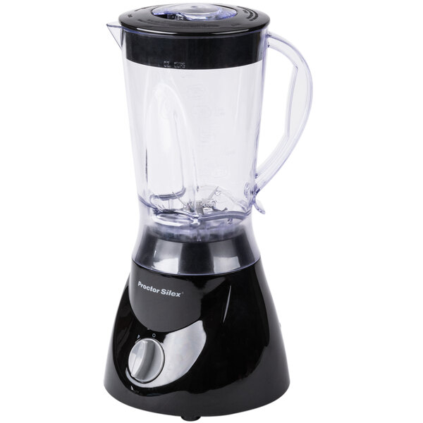 A Proctor Silex blender with a clear glass container and black lid.
