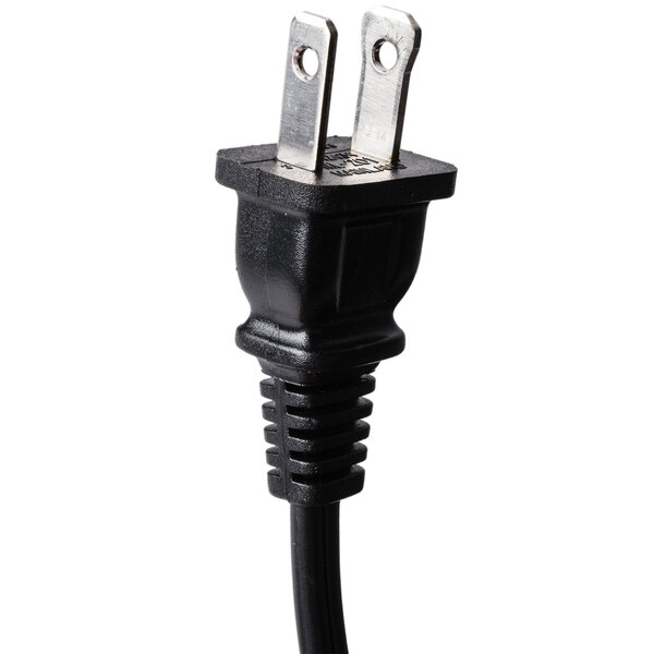 A black power cord with two metal plugs.