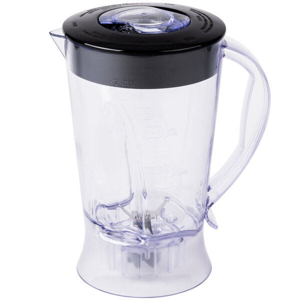 A clear plastic Proctor Silex blender with a black lid.