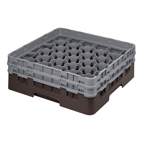 A brown and gray plastic glass rack with 30 compartments for washing and storing glassware.