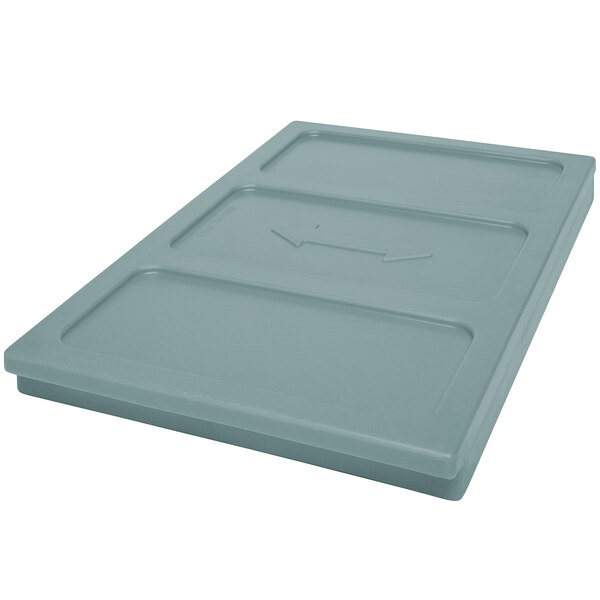 A grey plastic Cambro shelf with three compartments.