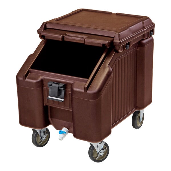 A large, dark brown mobile container with a sliding lid, spout, latch, and four caster wheels.