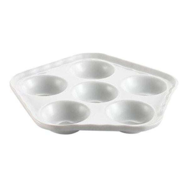 A white, pentagon-shaped dish with six round, shallow wells.