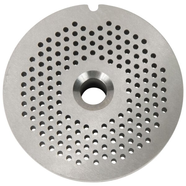 A Globe CP02-12 chopper plate, a circular metal plate with holes in it.