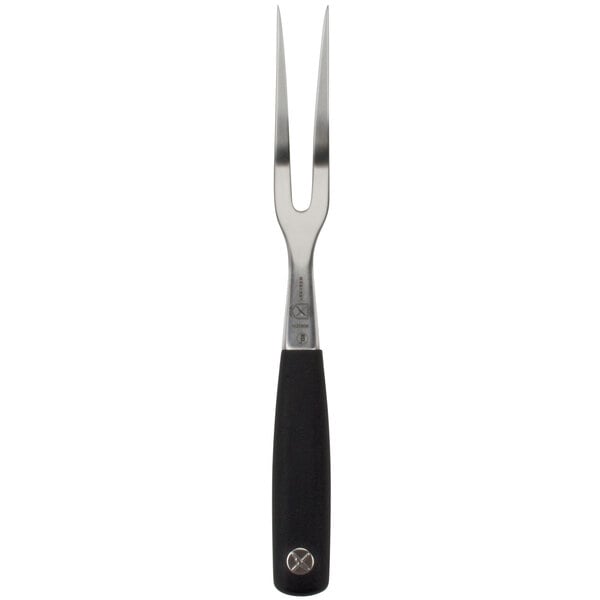 A close-up of a Mercer Culinary Genesis forged carving/pot fork with a black handle and silver metal.