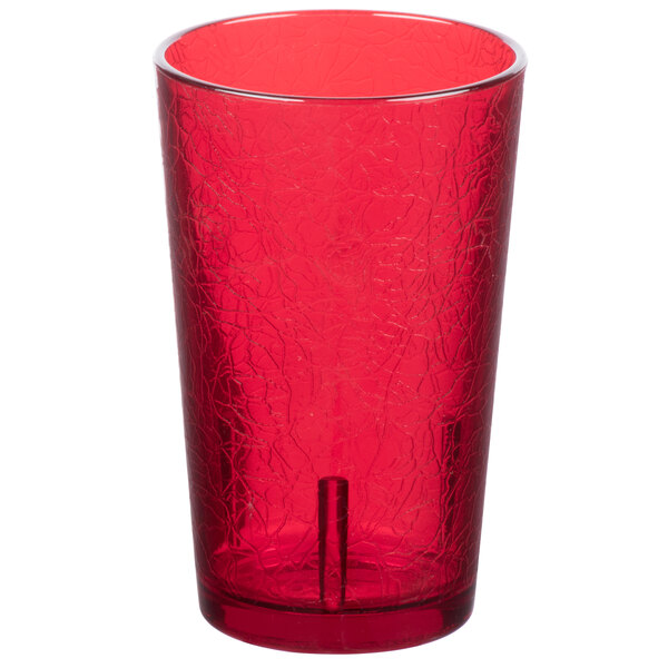 A red Cambro plastic tumbler with a metal rim.