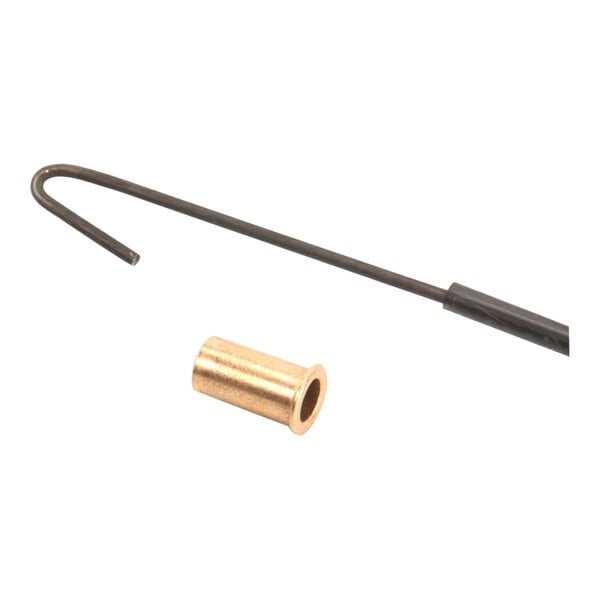 A metal rod with a brass hook and a gold tube.