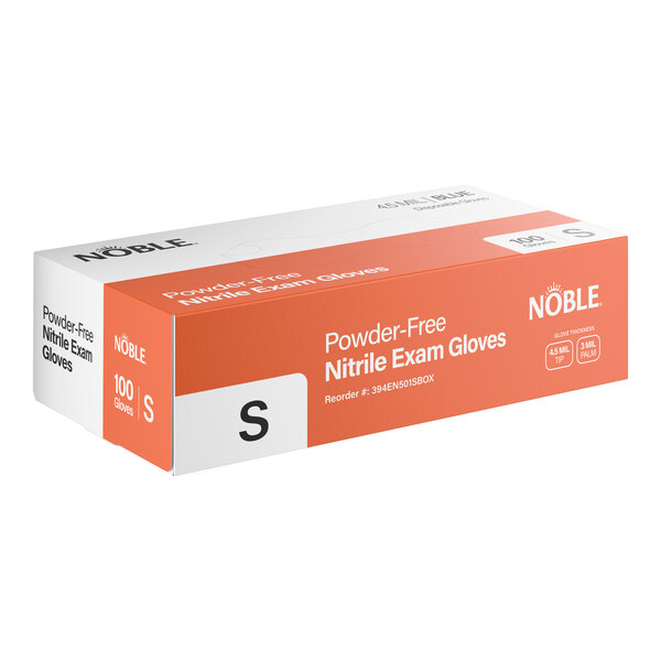 A box of Noble powder-free disposable nitrile exam gloves in size small, containing 100 gloves.