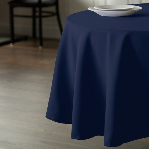 a blue tablecloth on a table