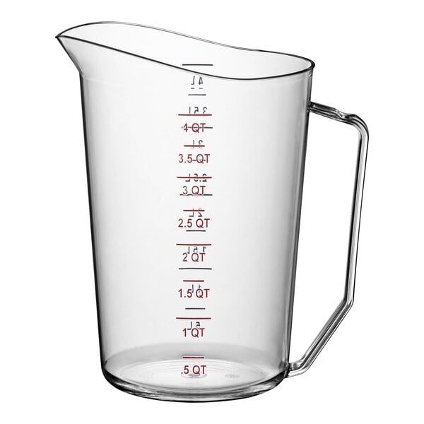 A clear Cambro measuring cup with red and blue measurements.