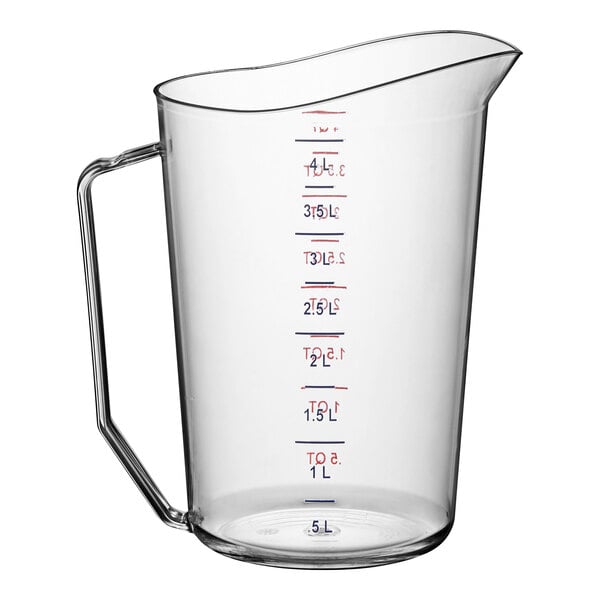 A Cambro clear polycarbonate measuring cup with a handle and red and blue writing.