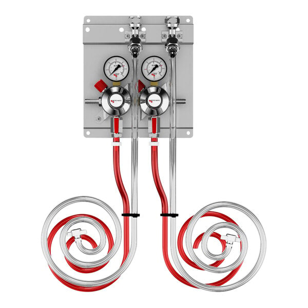 A Micro Matic CO2 regulator panel with two red and white pipes and a red hose.