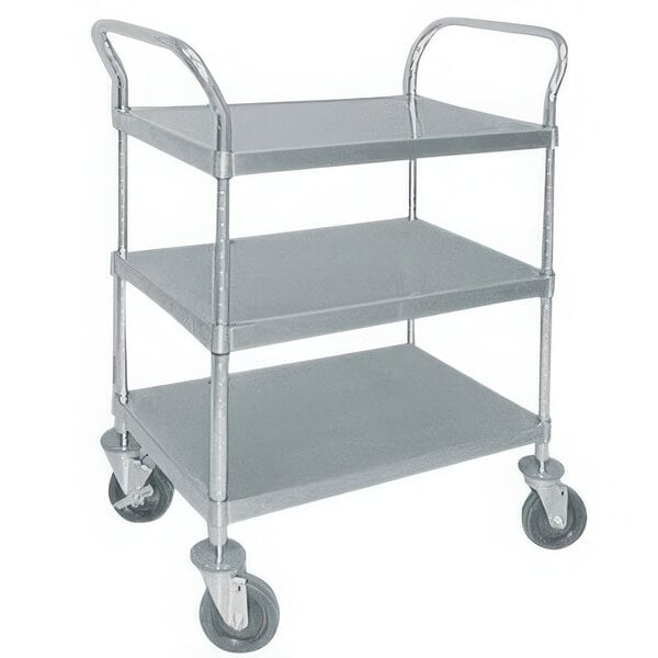 An Advance Tabco stainless steel 3 shelf utility cart with wheels.