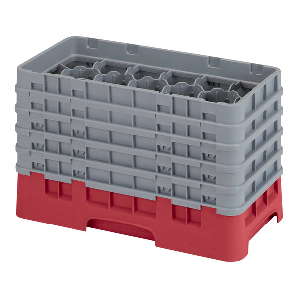 A grey and red plastic Cambro glass rack with extenders.