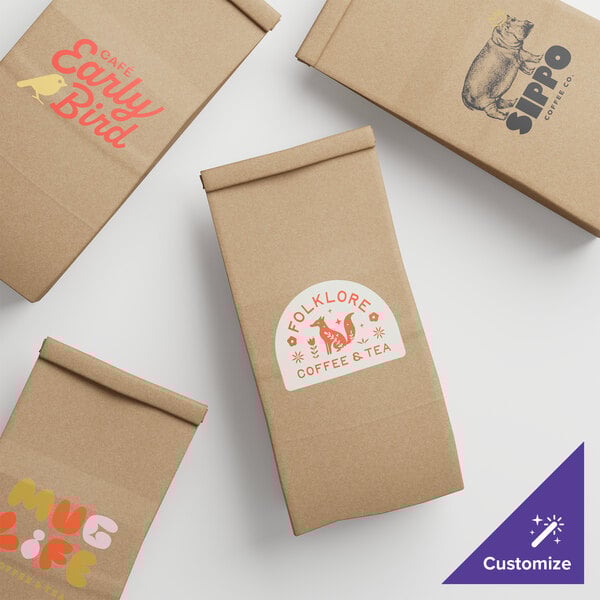 A brown paper bag with a white logo and writing on it.