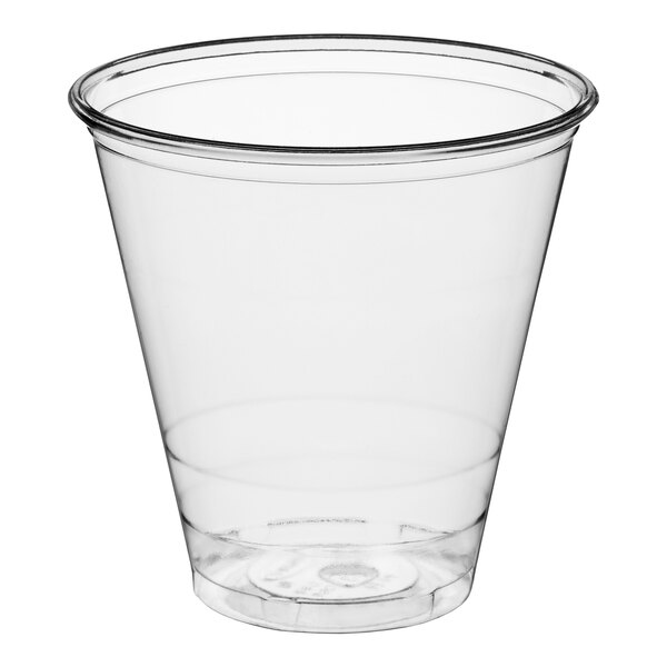 A clear, empty plastic cup with a slightly flared rim and smooth sides.