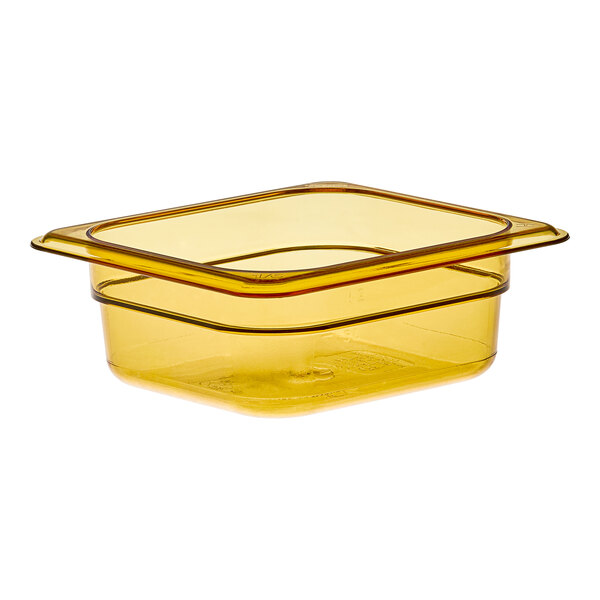 A yellow plastic Cambro food pan with a lid.