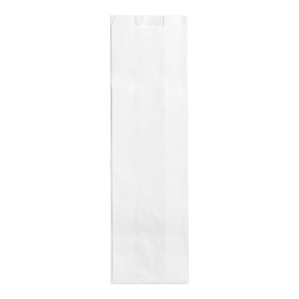 A tall, narrow, plain white paper bag standing upright against a white background.