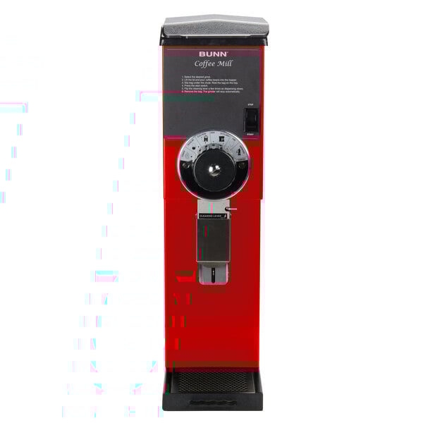 A red and black Bunn G3 HD bulk coffee grinder.