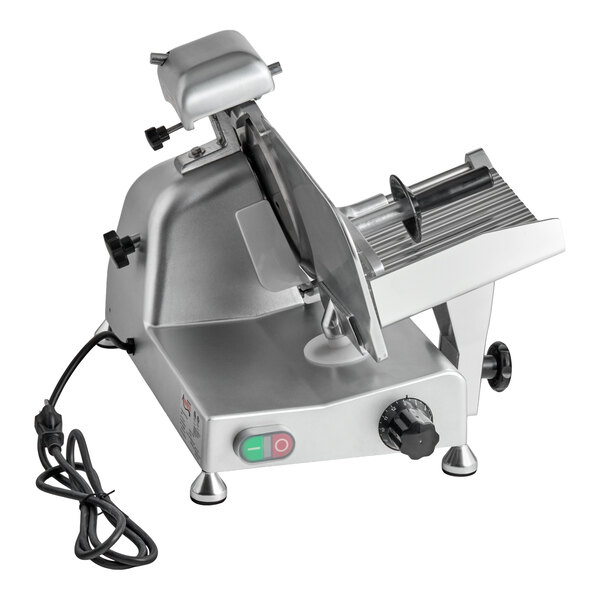A silver electric meat slicer with a circular blade, adjustable thickness knob, and a power cord.