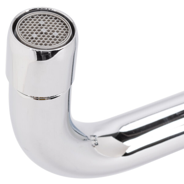 A close-up of an Equip by T&S wall mounted faucet with lever handles and a swing spout.