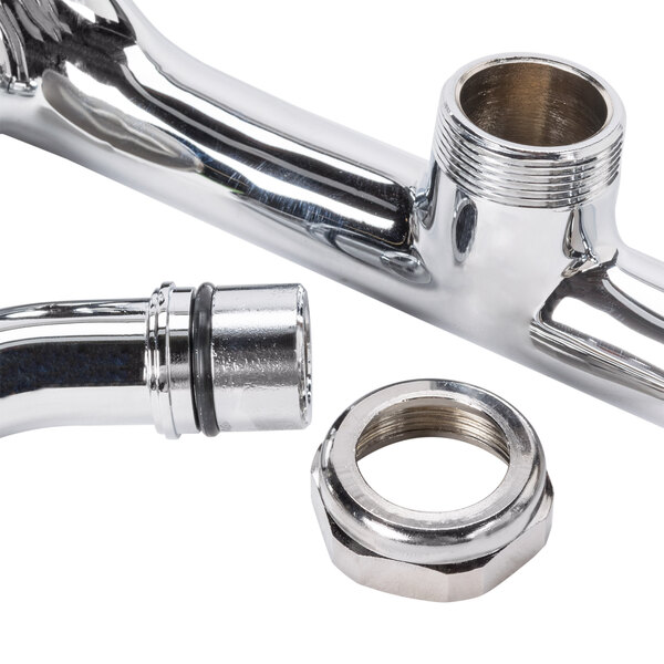 A chrome plated Equip by T&S wall mount pipe with lever handles.