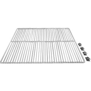 A white coated wire shelf for True refrigerators with metal clips.