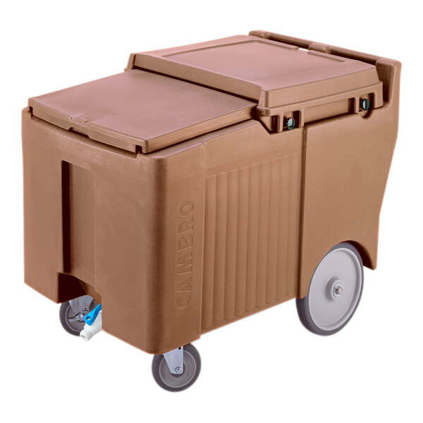 A large, brown, rectangular mobile container with a sliding lid and four wheels, two of which are larger and two smaller swivel casters.