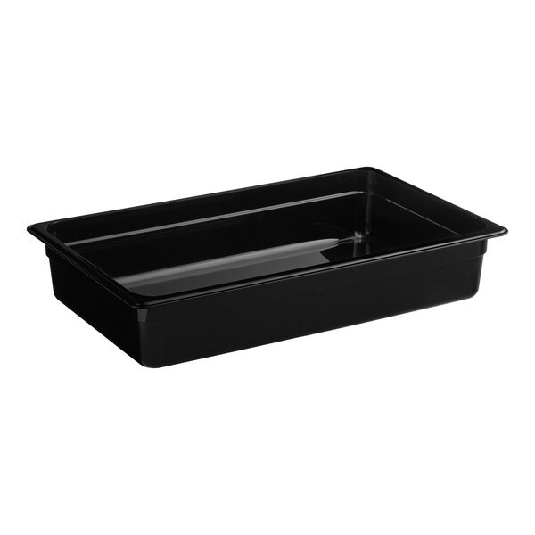 A black Cambro rectangular plastic food pan.