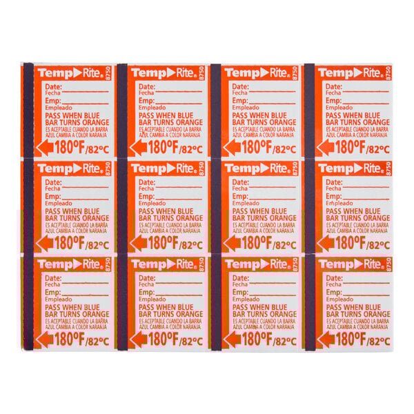 A pack of TempRite single use dishwasher test labels for monitoring 180°F sanitation cycles.