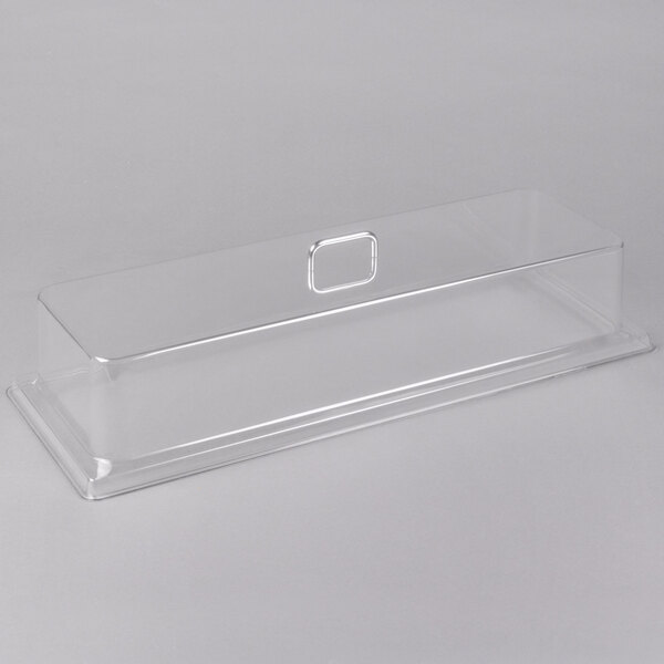 A clear plastic rectangular tray cover with a handle.