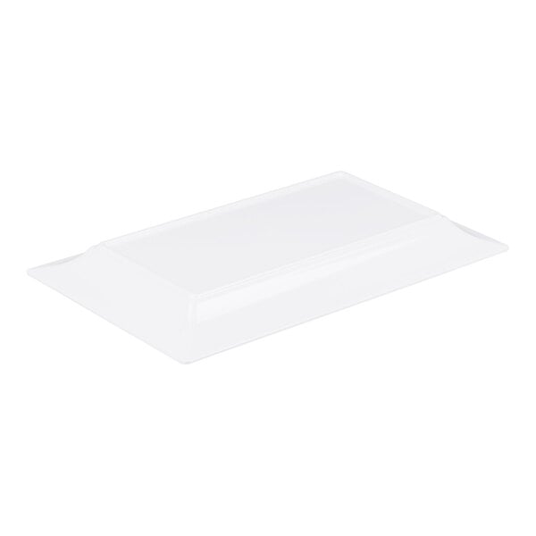 A rectangular, white, slightly raised platter with angled sides.