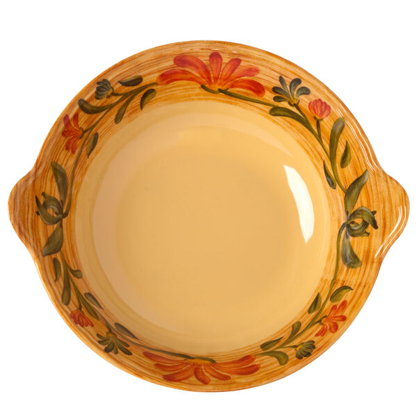 A white melamine bowl with a floral design.