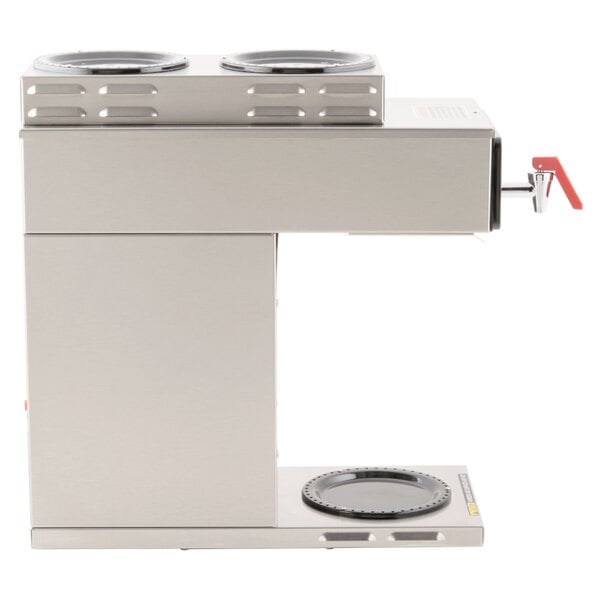 A white Bunn commercial coffee machine with two upper warmers.